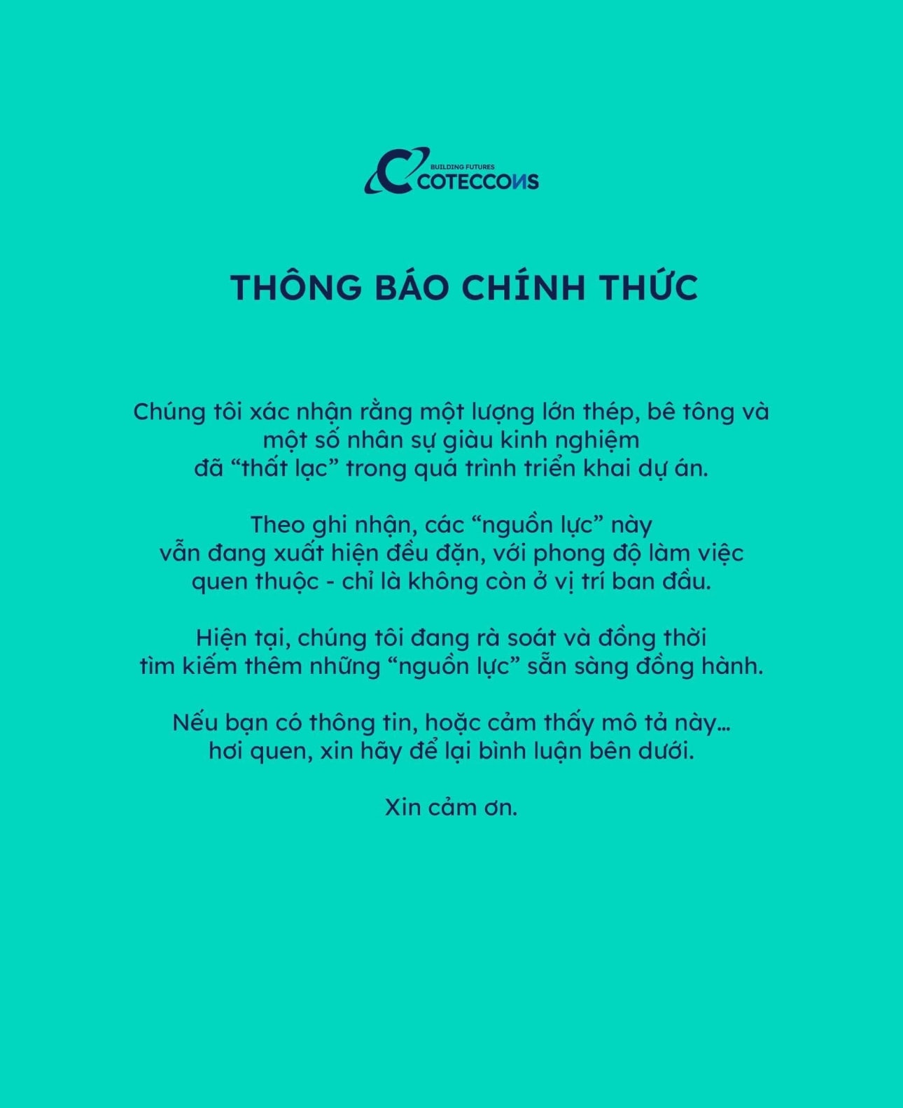 Coteccons (<a style='text-decoration: none;' href='/CTD'>CTD</a>): Chúng tôi đang thất lạc lượng lớn nhân sự và thép trong quá trình triển khai dự án - Ảnh 1.