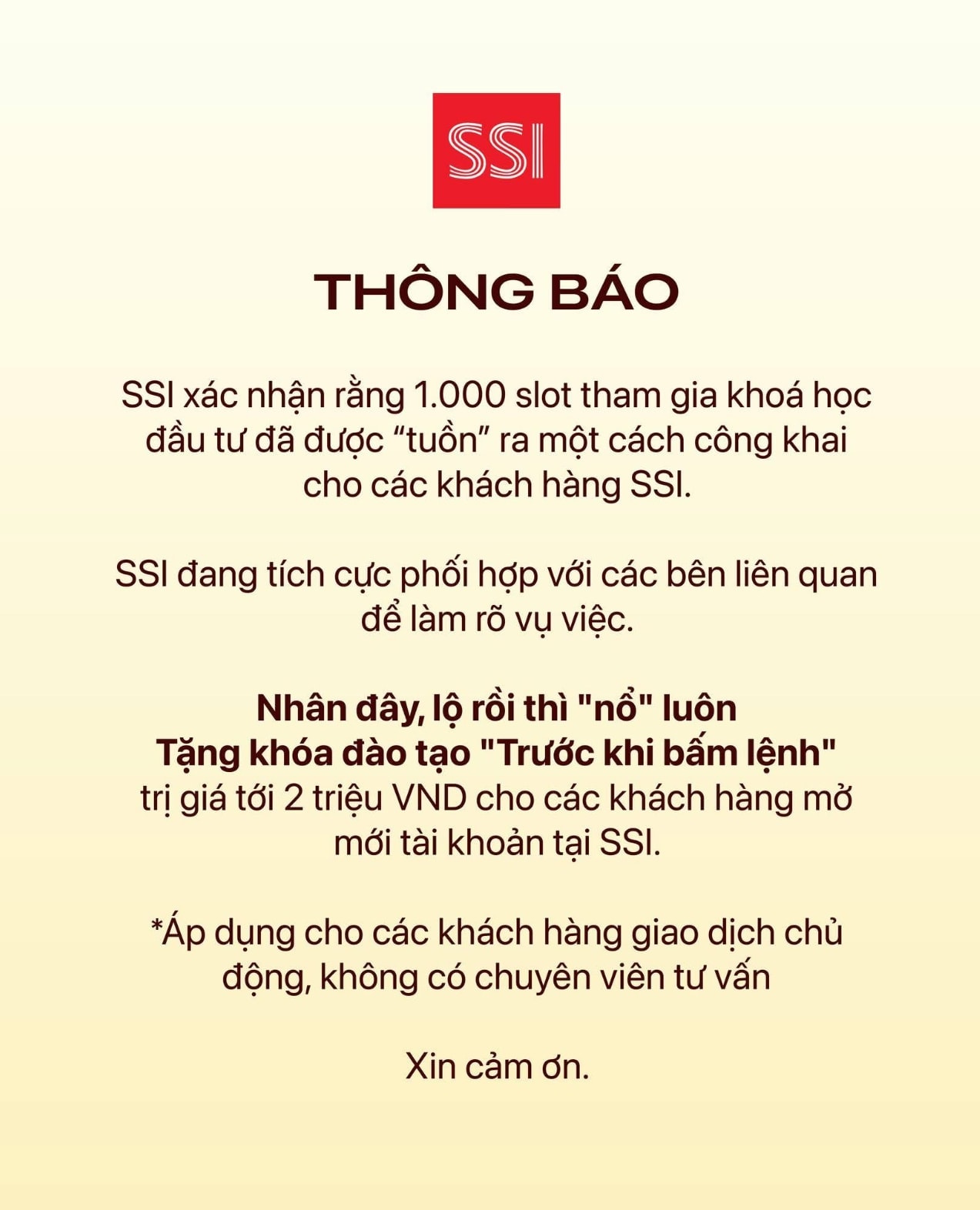 Chứng khoán <a style='text-decoration: none;' href='/SSI'>SSI</a> bất ngờ thông báo: 1.000 slot khoá học đã bị 'tuồn' ra ngoài - Ảnh 1.
