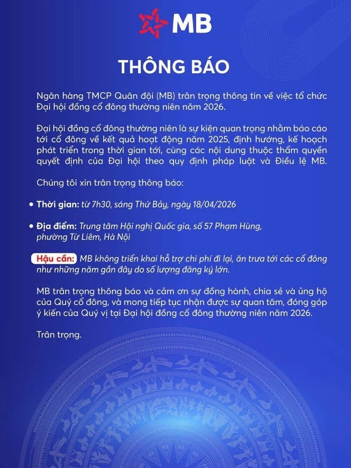 MB bất ngờ 'cắt' hỗ trợ đi lại, ăn trưa cho cho cổ đông tham dự ĐHĐCĐ 2026 - Ảnh 1.