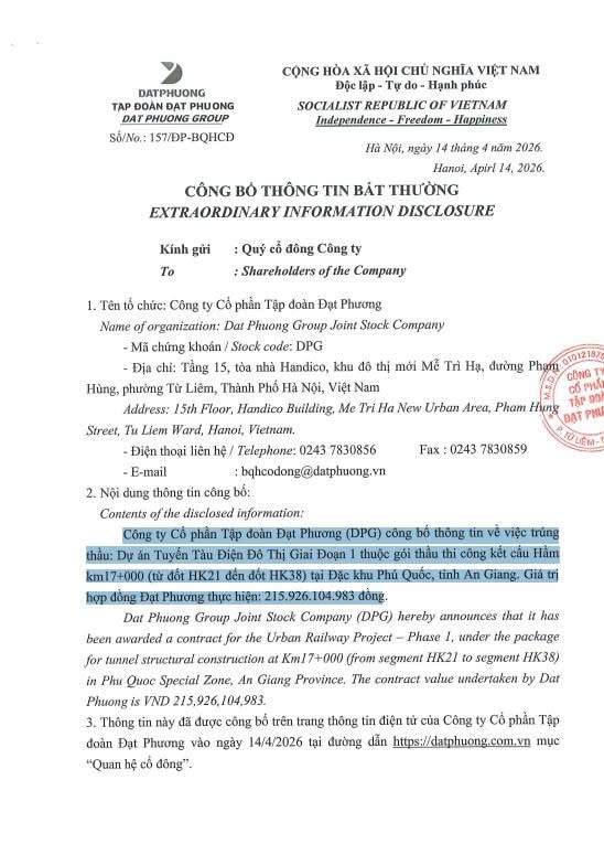 Thông tin công bố của CTCP Tập đoàn Đạt Phương Thông tin công bố của CTCP Tập đoàn Đạt Phương