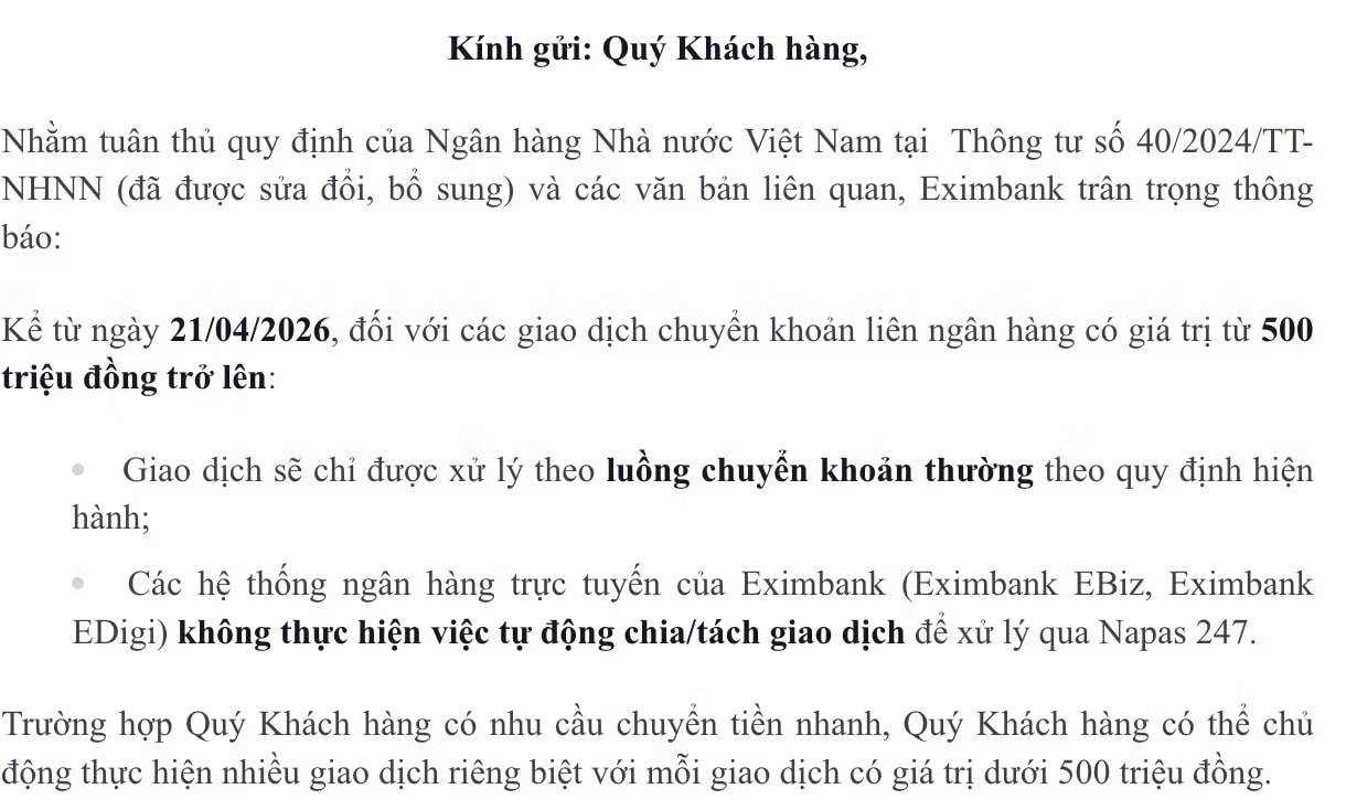 Thông báo mới nhất của Eximbank tới khách hàng liên quan đến chuyển khoản. 'Hết cửa' chuyển khoản nhanh, giao dịch từ 500 triệu có thể mất 24 tiếng - Ảnh 1.