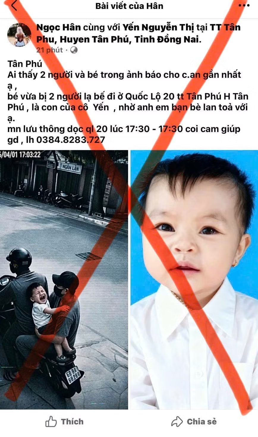 Thông tin đăng tải và phát tán trên tài khoản Facebook “Ngọc Hân” là thông tin sai sự thật. Ảnh: CACC Công an lên tiếng vụ bé gái bị bắt cóc tại Đồng Nai - Ảnh 1.