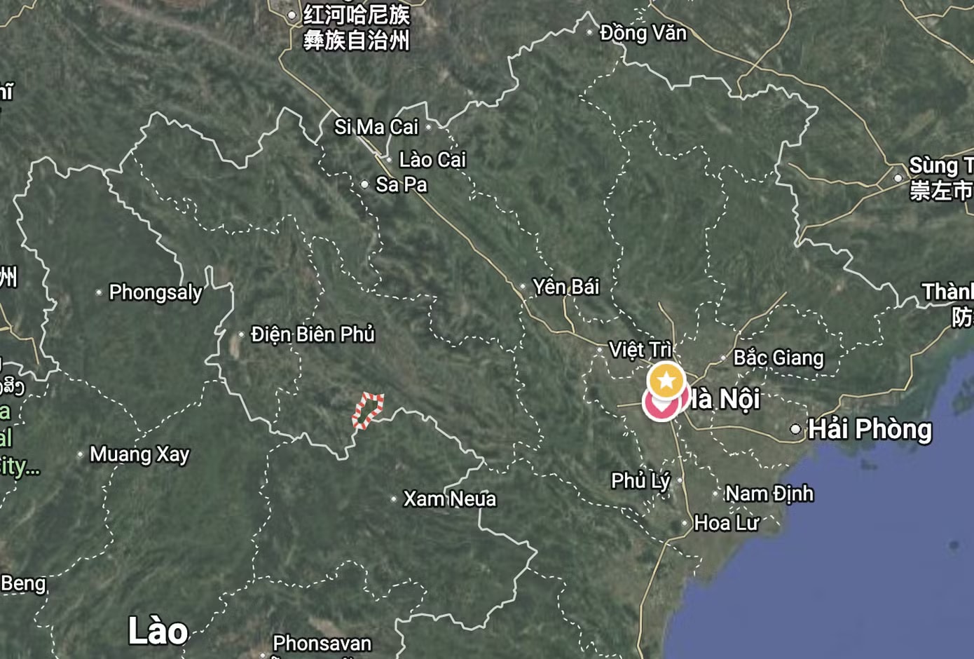 Xã Mường Hung, phần khoanh đỏ xảy ra động đất vào tối nay (10/5). Động đất rung chuyển Sơn La - Ảnh 1.