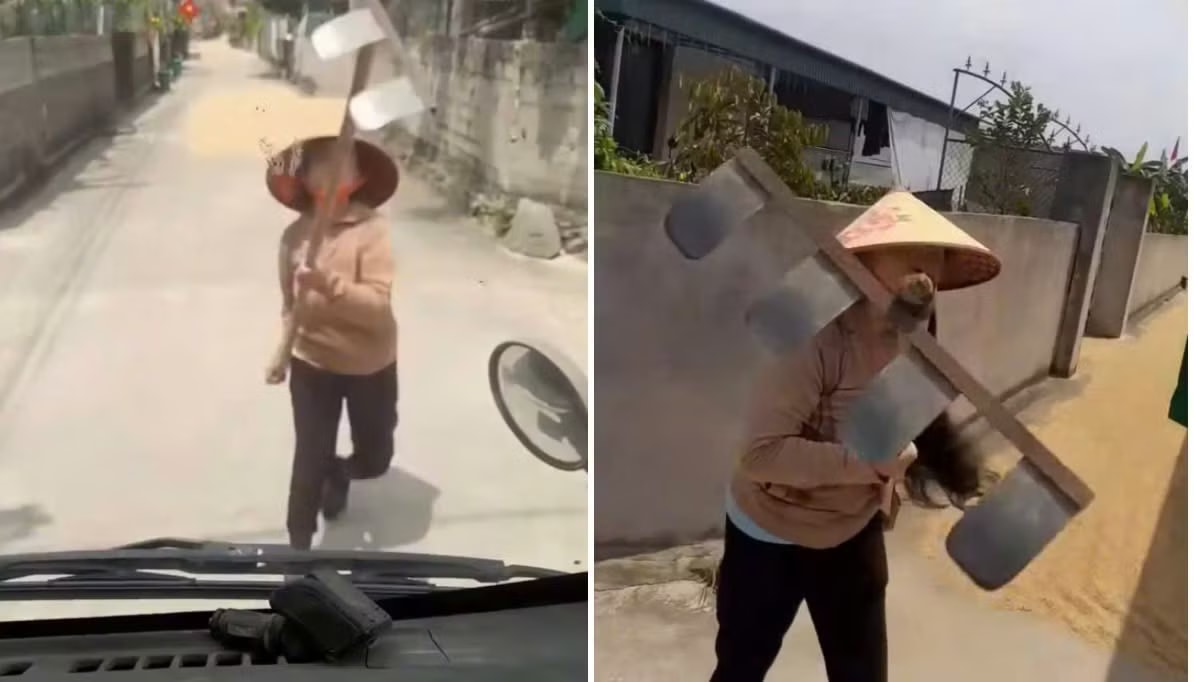 Người phụ nữ cầm chiếc cào chặn đường tài xế xe tải (Ảnh: Cắt từ clip). Phơi lúa lấn đường, người phụ nữ dùng cào chặn xe tải, tấn công tài xế - Ảnh 1.
