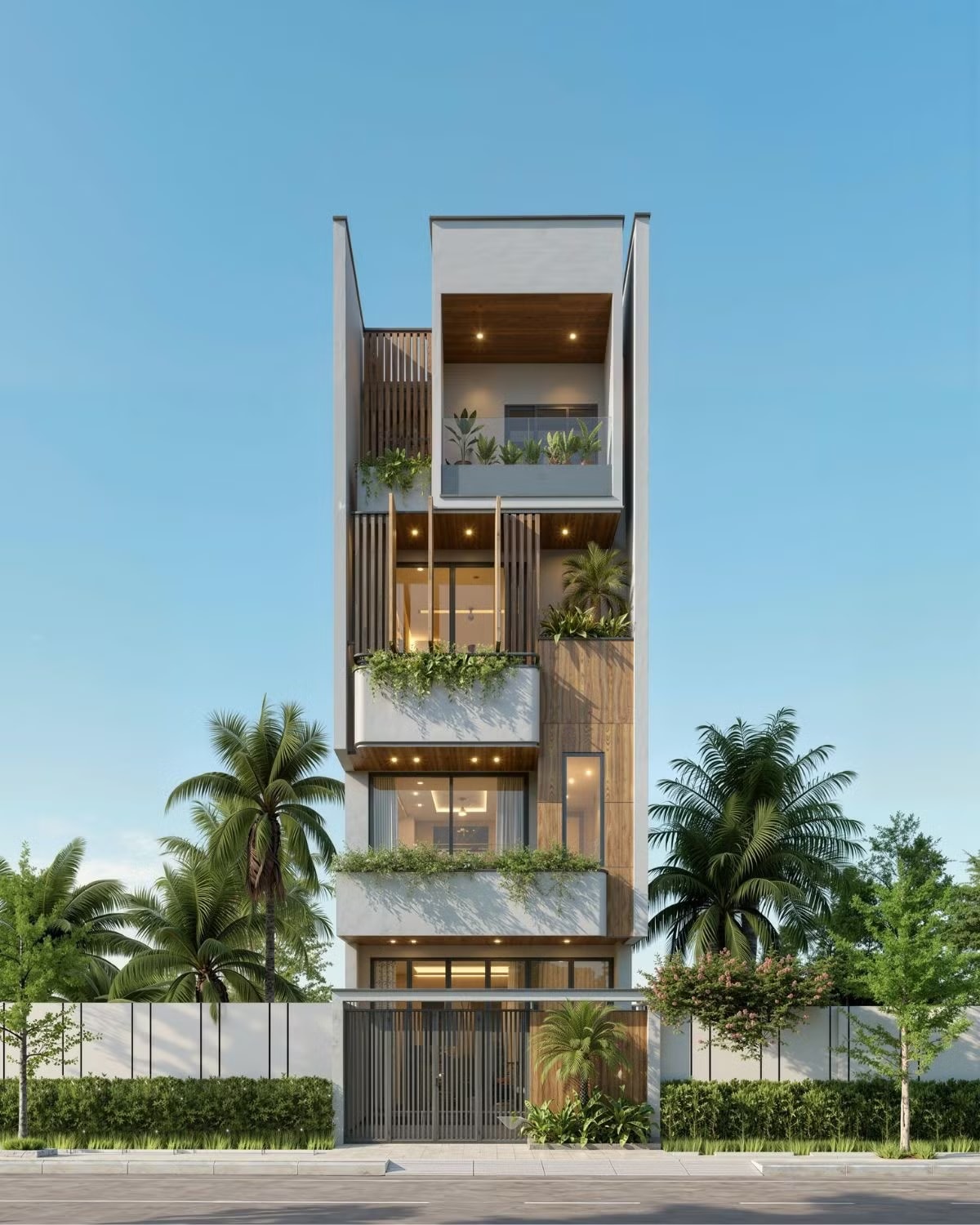 Nhà phố 4 tầng thiết kế hình khối đua nhẹ kết hợp lam gỗ đứng, tạo chiều sâu thị giác và mang đến cảm giác thanh thoát 10 mẫu nhà phố hiện đại xu hướng 2026: Sống xanh giữa đô thị đông đúc - Ảnh 9.
