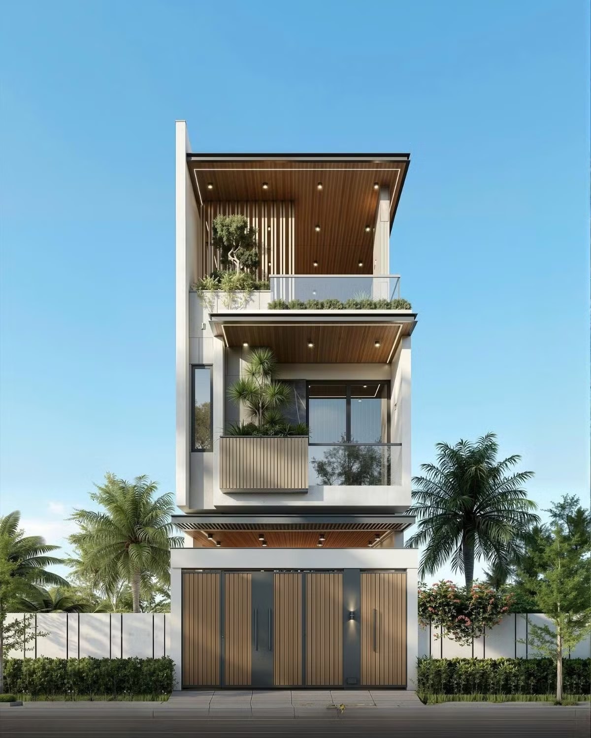 Hệ mái hiên lớn vươn dài theo từng tầng giúp nhà phố 3 tầng tăng khả năng che nắng hiệu quả 10 mẫu nhà phố hiện đại xu hướng 2026: Sống xanh giữa đô thị đông đúc - Ảnh 5.