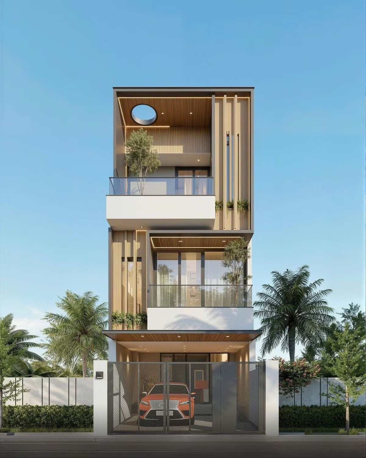 Hệ lam đứng chạy xuyên suốt từ tầng hai đến tầng trên cùng giúp mặt tiền nhà phố 3 tầng trở nên thanh thoát 10 mẫu nhà phố hiện đại xu hướng 2026: Sống xanh giữa đô thị đông đúc - Ảnh 7.
