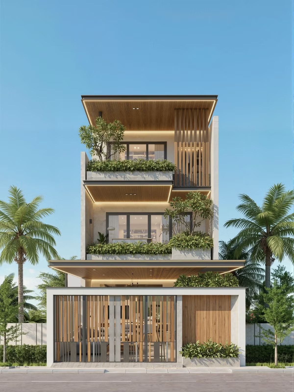 Nhà phố 3 tầng gây ấn tượng với các lớp ban công xếp tầng kết hợp trần ốp gỗ và hệ đèn hắt 10 mẫu nhà phố hiện đại xu hướng 2026: Sống xanh giữa đô thị đông đúc - Ảnh 10.