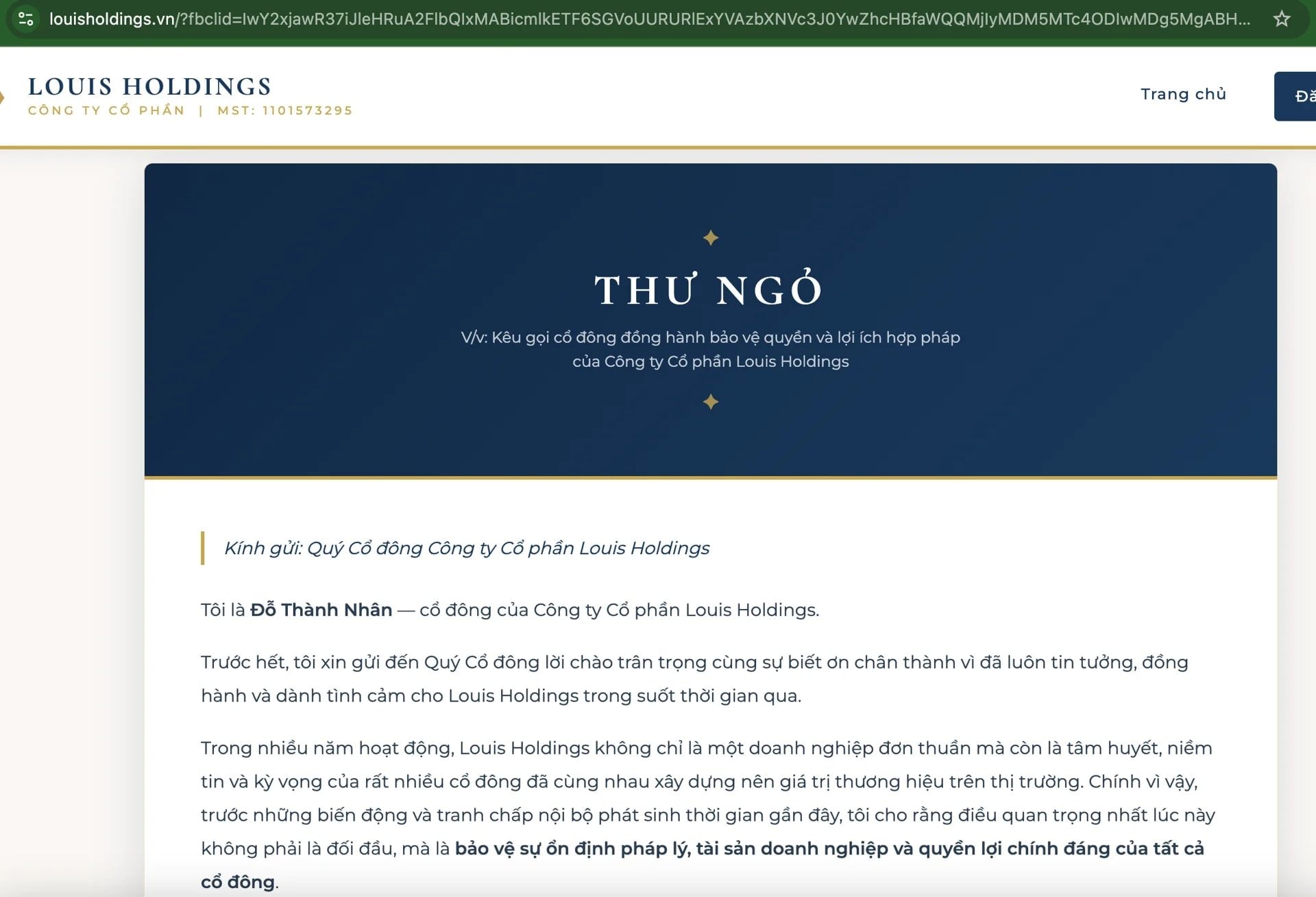 Louis Holdings đăng nội dung thư ngỏ của ông Đỗ Thành Nhân