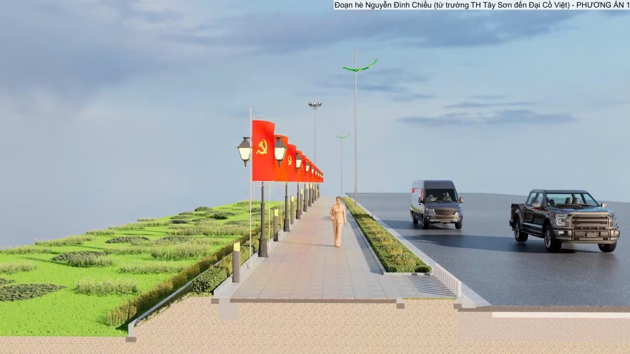 Phối cảnh chỉnh trang tuyến đường Nguyễn Đình Chiểu. Khu vực vỉa hè giáp mặt đường sẽ được bố trí làm dải trồng cây xanh, thảm cỏ. Ảnh: Phường Hai Bà Trưng cung cấp. Phường Hai Bà Trưng nói gì về việc ‘đục phá vỉa hè lát đá trên tuyến đường trăm tỷ’? - Ảnh 7.