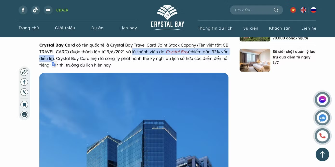 Công ty Cổ phần Thẻ du lịch Crystal Bay được giới thiệu là công ty thành viên do Crystal Bay chiếm gần 92% vốn điều lệ. Vụ hợp đồng kỳ nghỉ: Loạt website doanh nghiệp 'bay màu' - Ảnh 2.