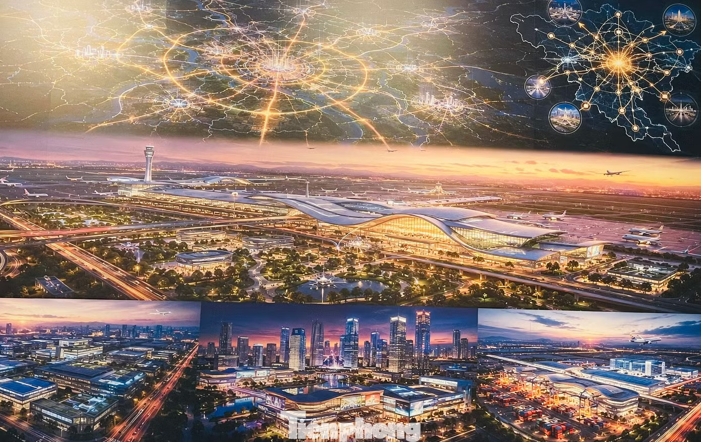 Phối cảnh đô thị sân bay tương lai cho thấy khu thương mại tự do, trung tâm logistics lạnh và tổ hợp công nghiệp sản xuất rộng 250 ha kết nối trực tiếp với đường sắt tốc độ cao. Quy hoạch Hà Nội 100 năm: Thêm sân bay gần Ninh Bình, 300 km metro hiện đại - Ảnh 9.