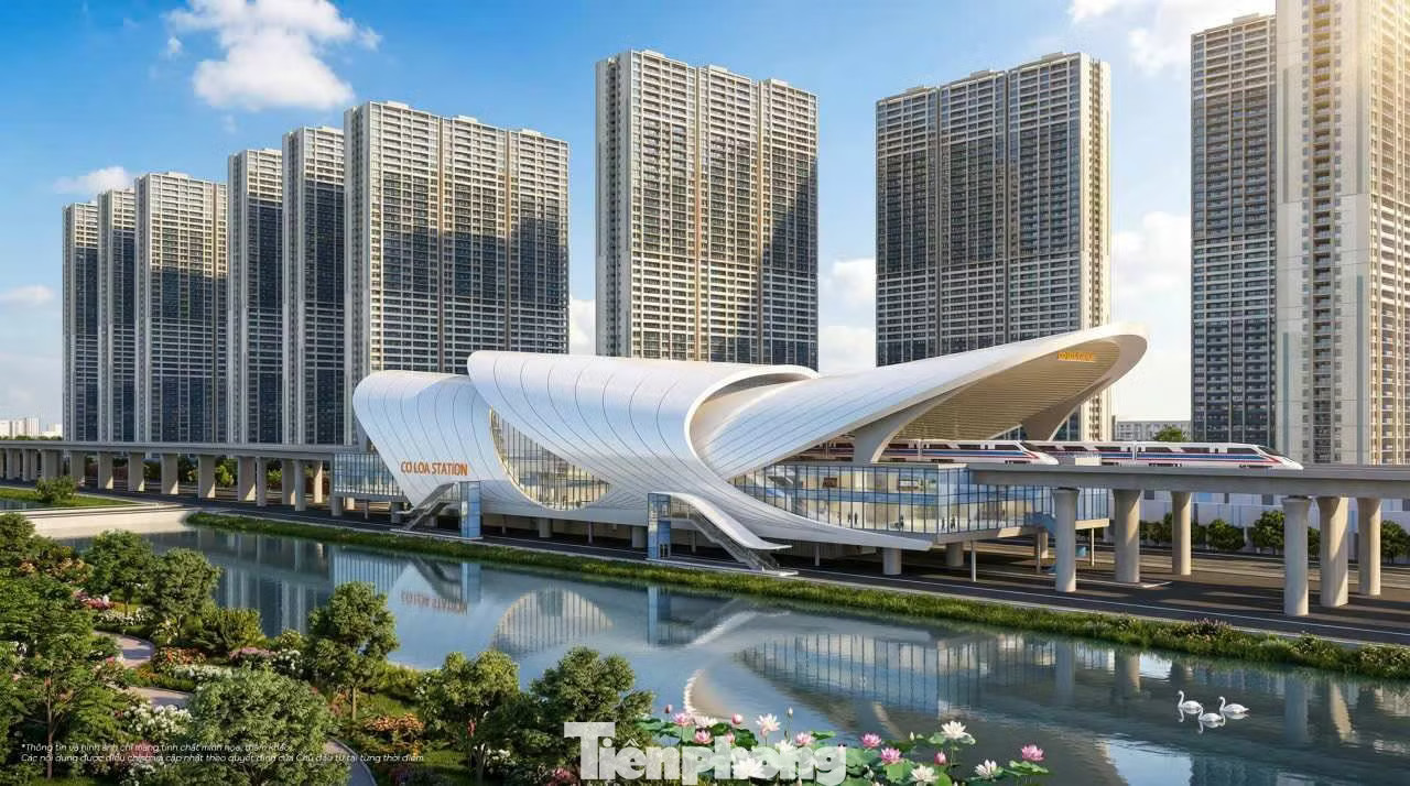 Phối cảnh ga Cổ Loa trên tuyến đường sắt tốc độ cao Hà Nội - Quảng Ninh với kiến trúc hiện đại, bao quanh là các khu đô thị. Quy hoạch Hà Nội 100 năm: Thêm sân bay gần Ninh Bình, 300 km metro hiện đại - Ảnh 4.