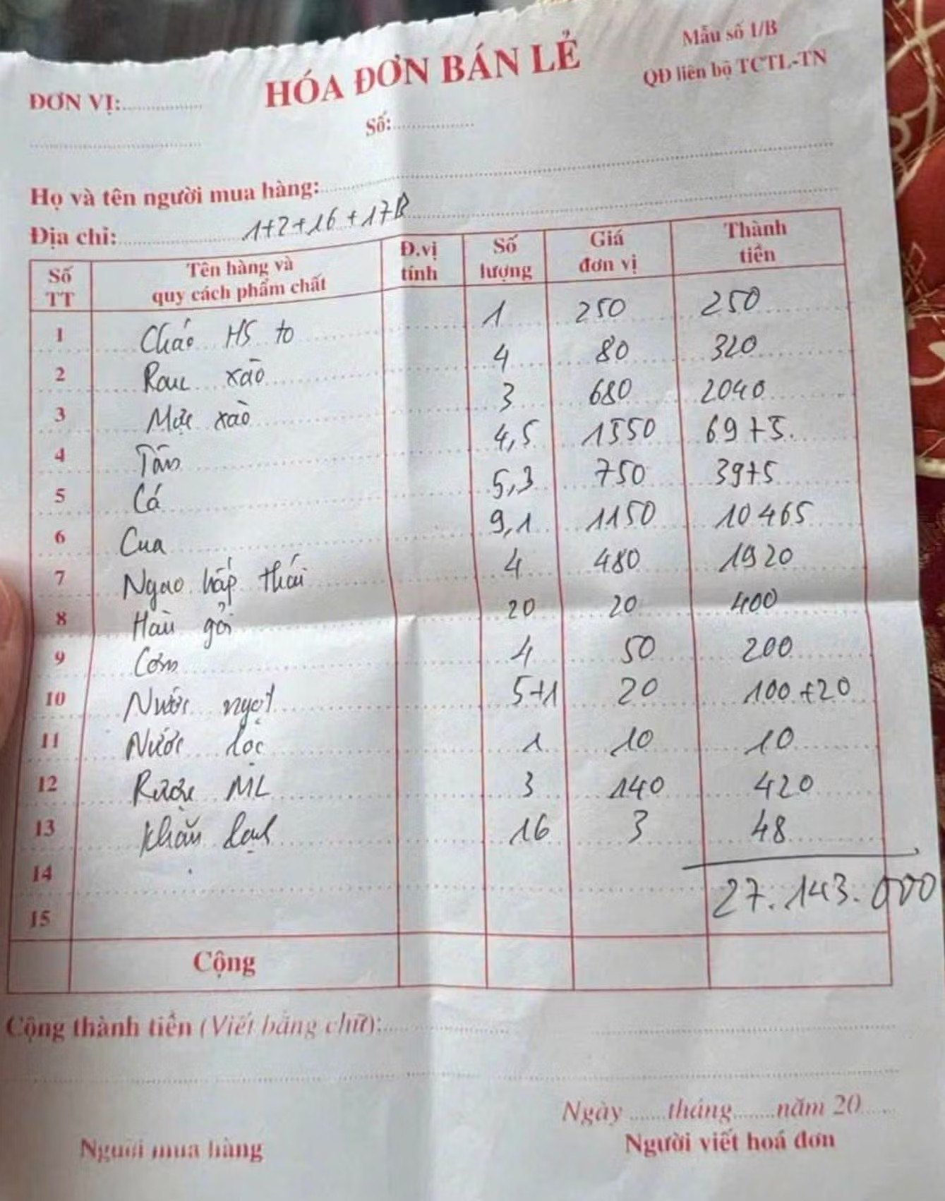 Hóa đơn bữa ăn hơn 27 triệu đồng do đoàn khách cung cấp. Quảng Ninh: Xử phạt nhà hàng bán bữa ăn hơn 27 triệu - Ảnh 1.