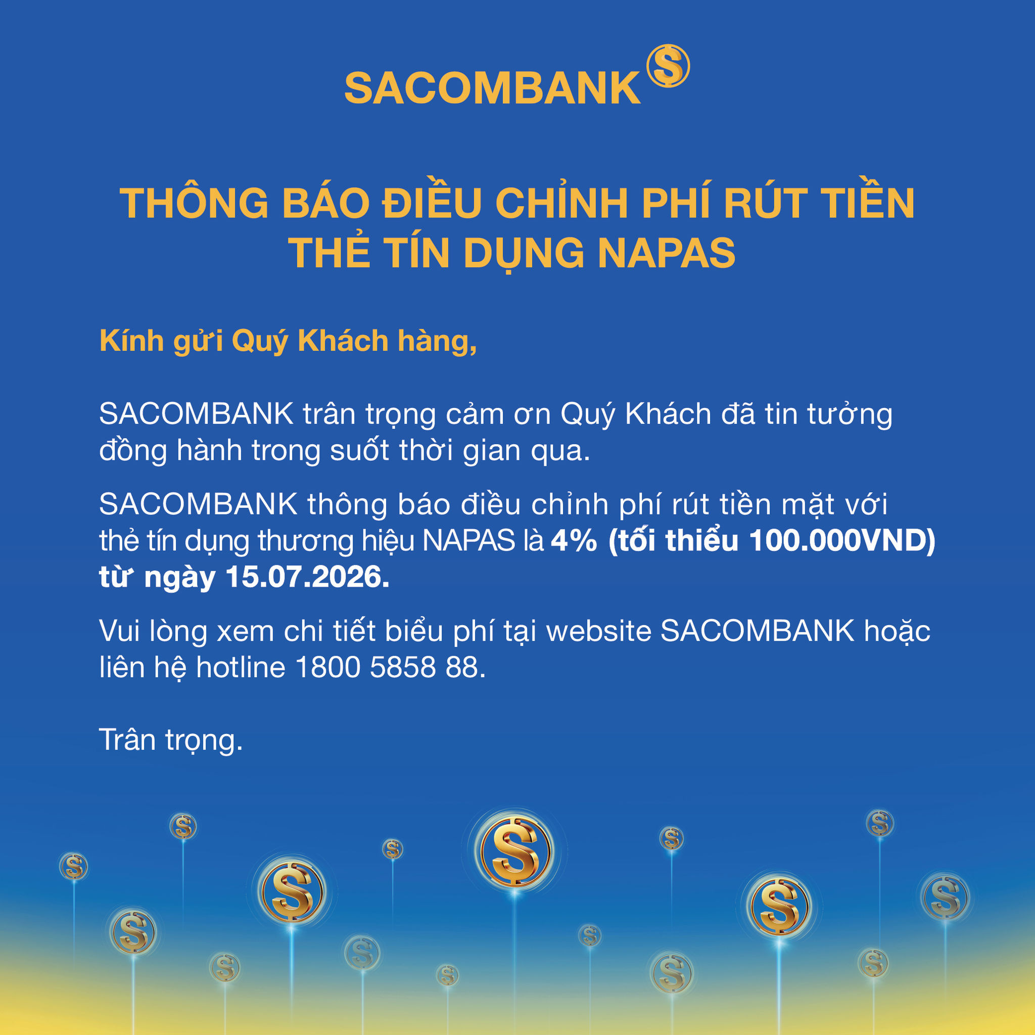 Sacombank điều chỉnh phí rút tiền mặt đối với các trường hợp sau - Ảnh 1.