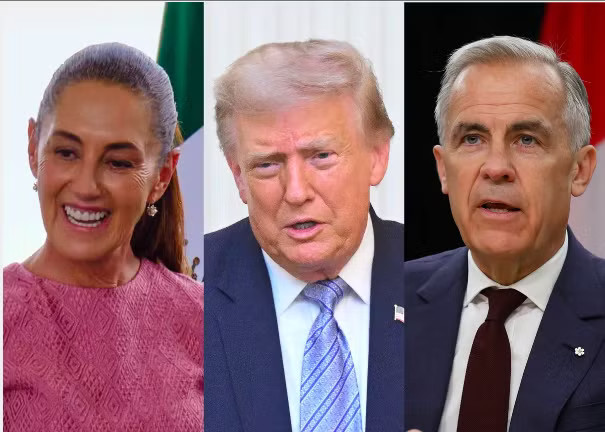Tổng thống Mỹ Donald Trump, Tổng thống Mexico Claudia Sheinbaum (bìa trái) và Thủ tướng Canada Mark Carney. (Ảnh: Bloomberg) Tổng thống Mỹ biến chung kết World Cup thành ngoại giao bóng đá - Ảnh 1.