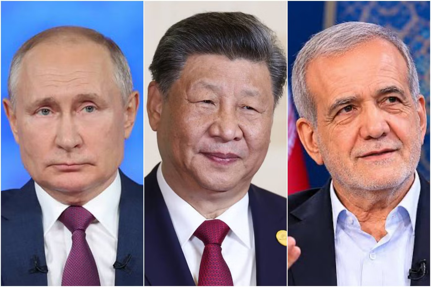 Từ trái qua phải: Tổng thống Nga Vladimir Putin, Chủ tịch Trung Quốc Tập Cận Bình, Tổng thống Iran Masoud Pezeshkian. (Ảnh: Tass) Lãnh đạo Nga, Trung Quốc, Iran gặp nhau tại Kyrgyzstan - Ảnh 1.