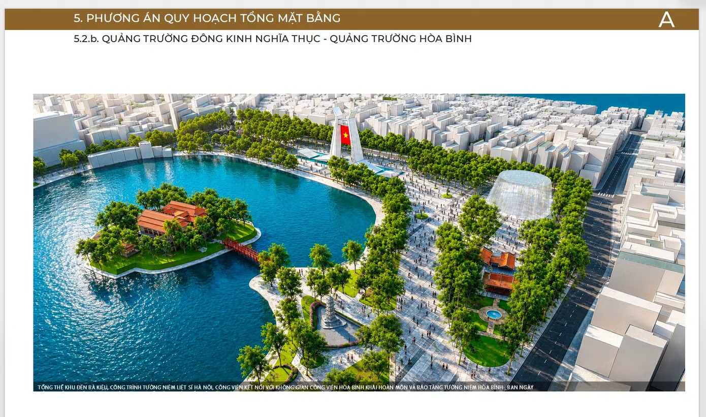 Quảng trường Đông Kinh Nghĩa Thục - Quảng trường Hòa Bình nhìn từ phía Đền Bà Kiệu. (Ảnh: UBND TP Hà Nội) Công bố phối cảnh điều chỉnh quy hoạch khu vực hồ Hoàn Kiếm: Bổ sung biểu tượng ‘Khải Hoàn Môn’ - Ảnh 3.